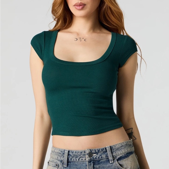 wild fable Tops - Wild Fable Fitted Green Crop Top with Cap Sleeves